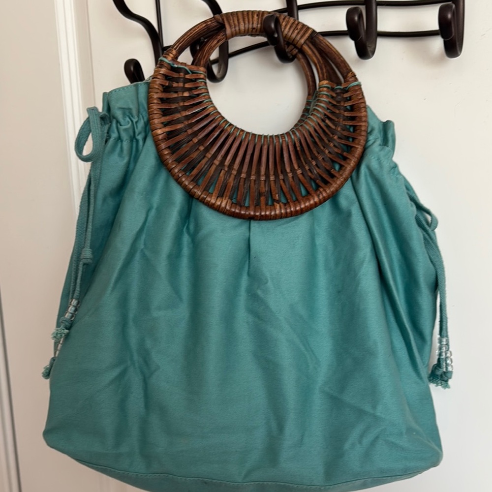 Teal Woven Handle Tote Bag